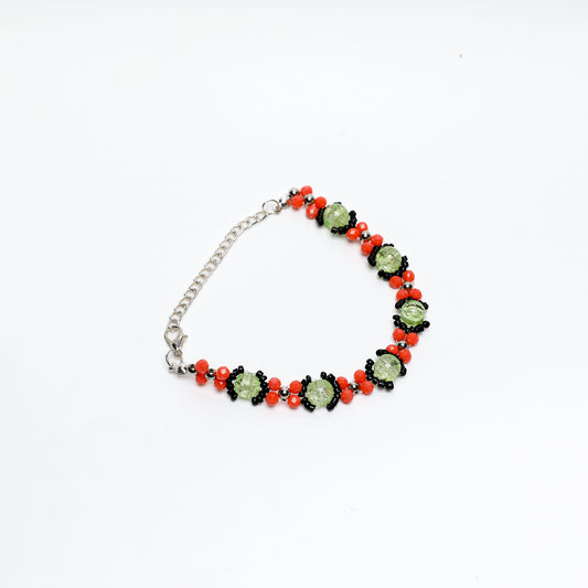 Green Crackle Glass and Coral Beaded Bracelet