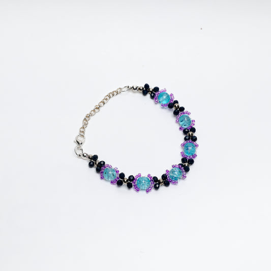 Teal Crackle Glass and Purple-Black Beaded Bracelet
