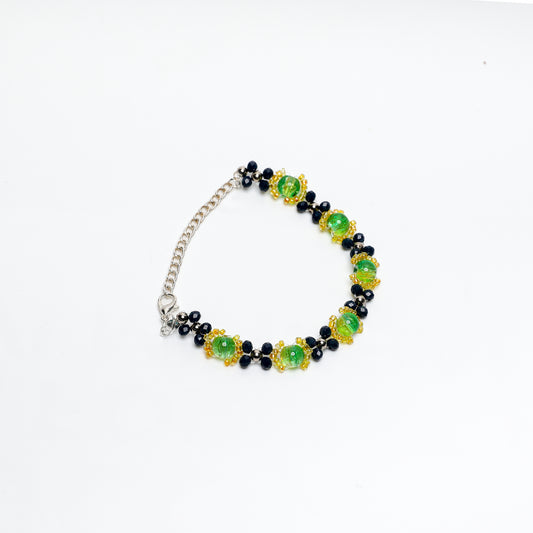 Green Crackle Glass and Navy-Gold Beaded Bracelet