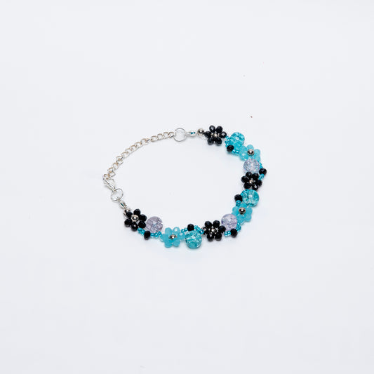 Ocean Bloom Beaded Bracelet – Handmade Aqua & Black Floral Jewelry
