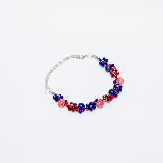 Garden Bloom Beaded Bracelet – Handmade Red & Blue Floral Jewelry